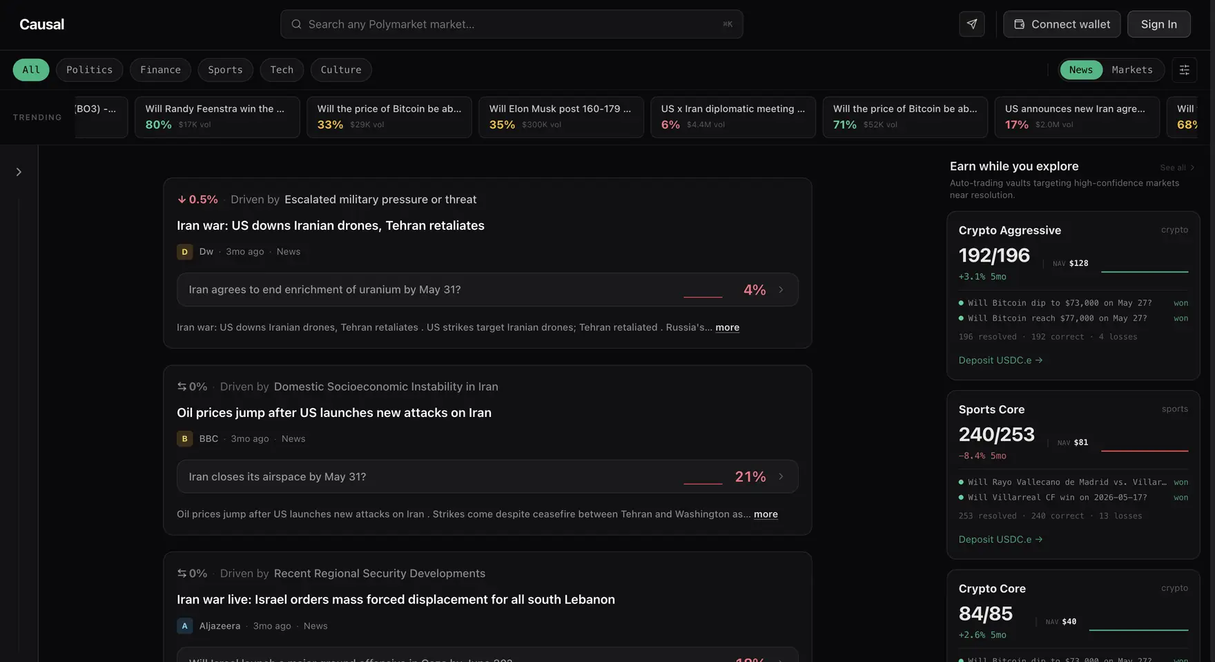 Causal feed: news items tagged with the market they moved, with a vault rail on the right