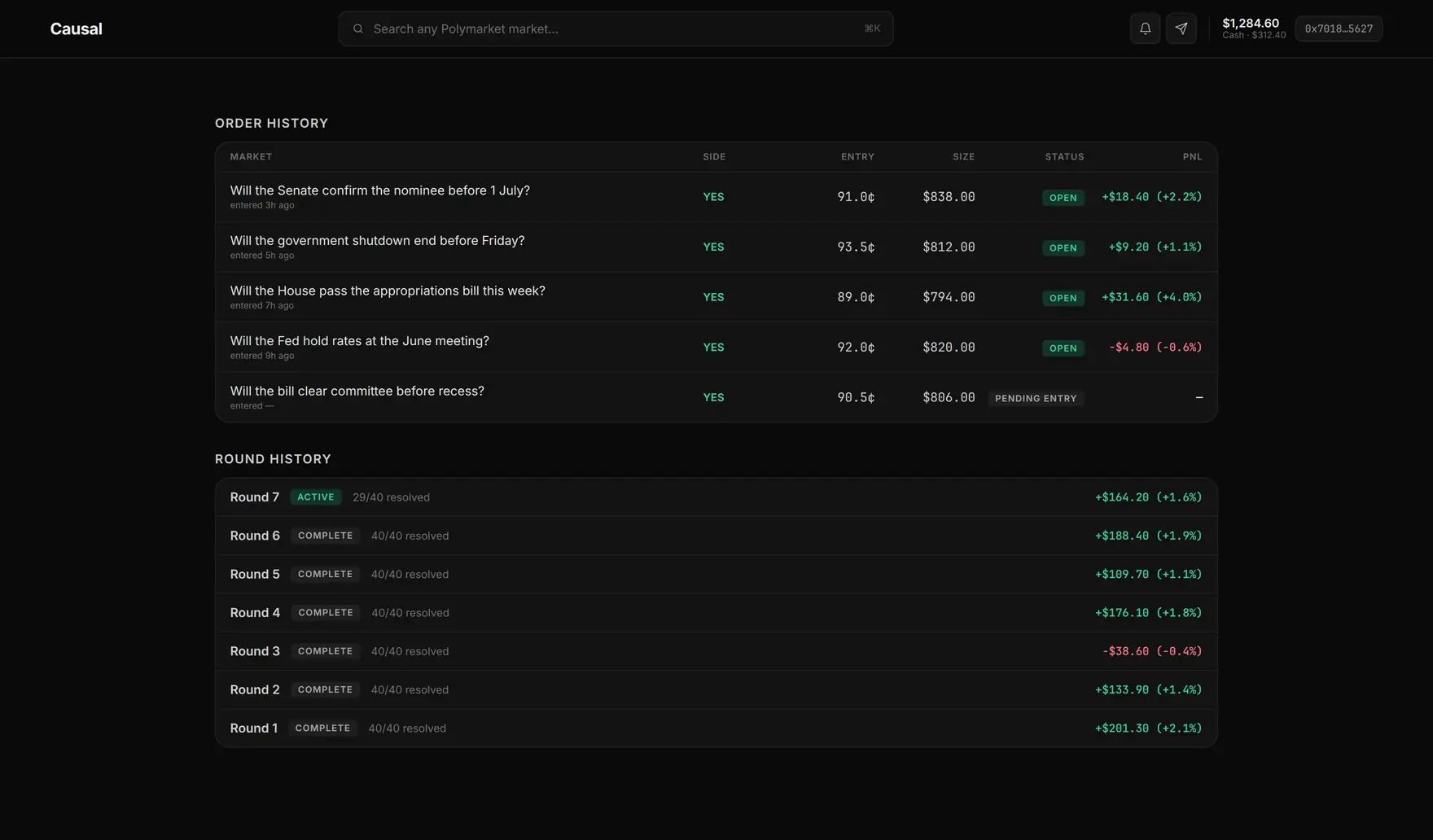 Order history table and round history list, each row showing status and PnL