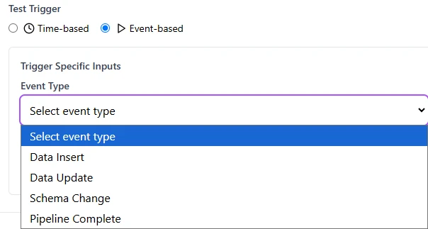 Event-based trigger with the event type list open: data insert, data update, schema change, pipeline complete